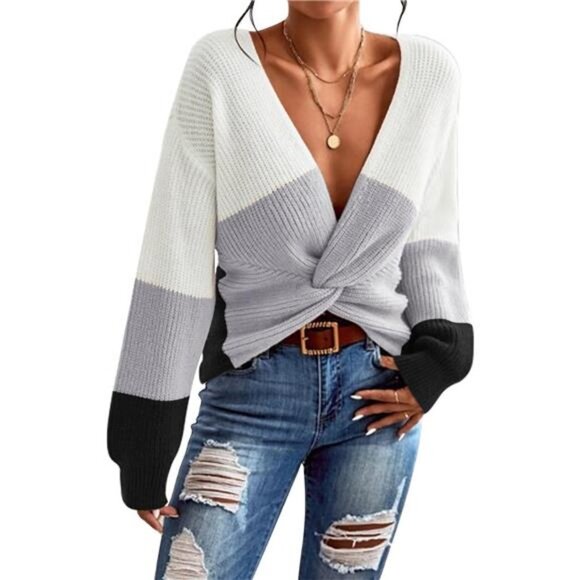 Gray Colorblock Chunky‎ Knit Pullover Sweater V Neck Twisted Knot Sweater Top - Picture 6 of 7